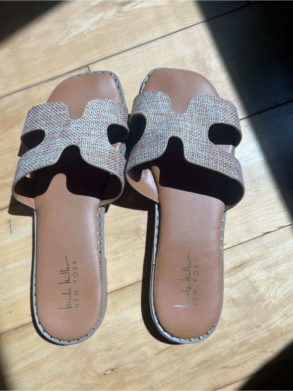 Nicole Miller Tan Woven Cutout Slide Sandals
